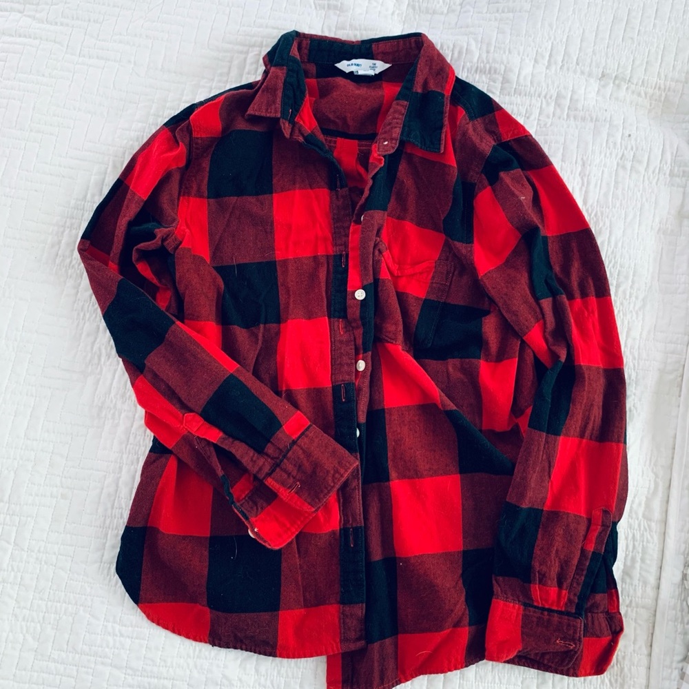 Red and black layering flannel button up blouse